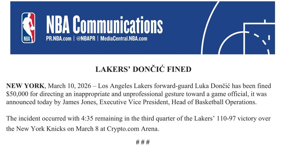 星空体育-又数钱了！官方：东契奇向裁判做不当且不职业手势 被罚5万美元